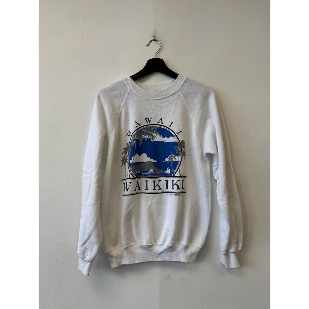 Vintage Hanes Sweatshirt Mens Small White Hawaii Waikiki Fleece‎ Crewneck 90s